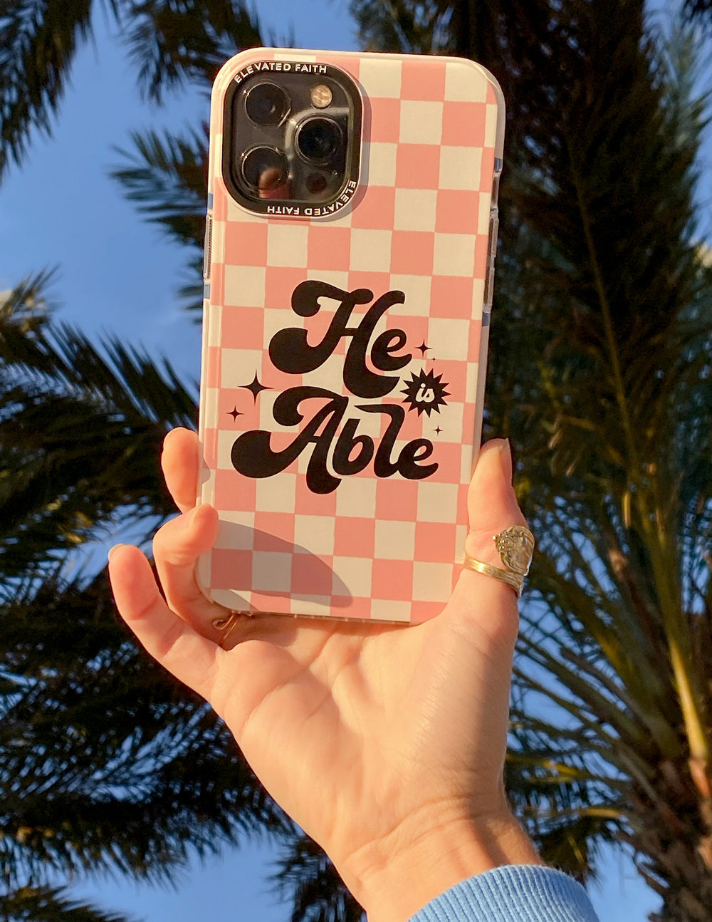 Elevated Faith Christian iPhone Case with He is Able Text and Pink Checkered Design