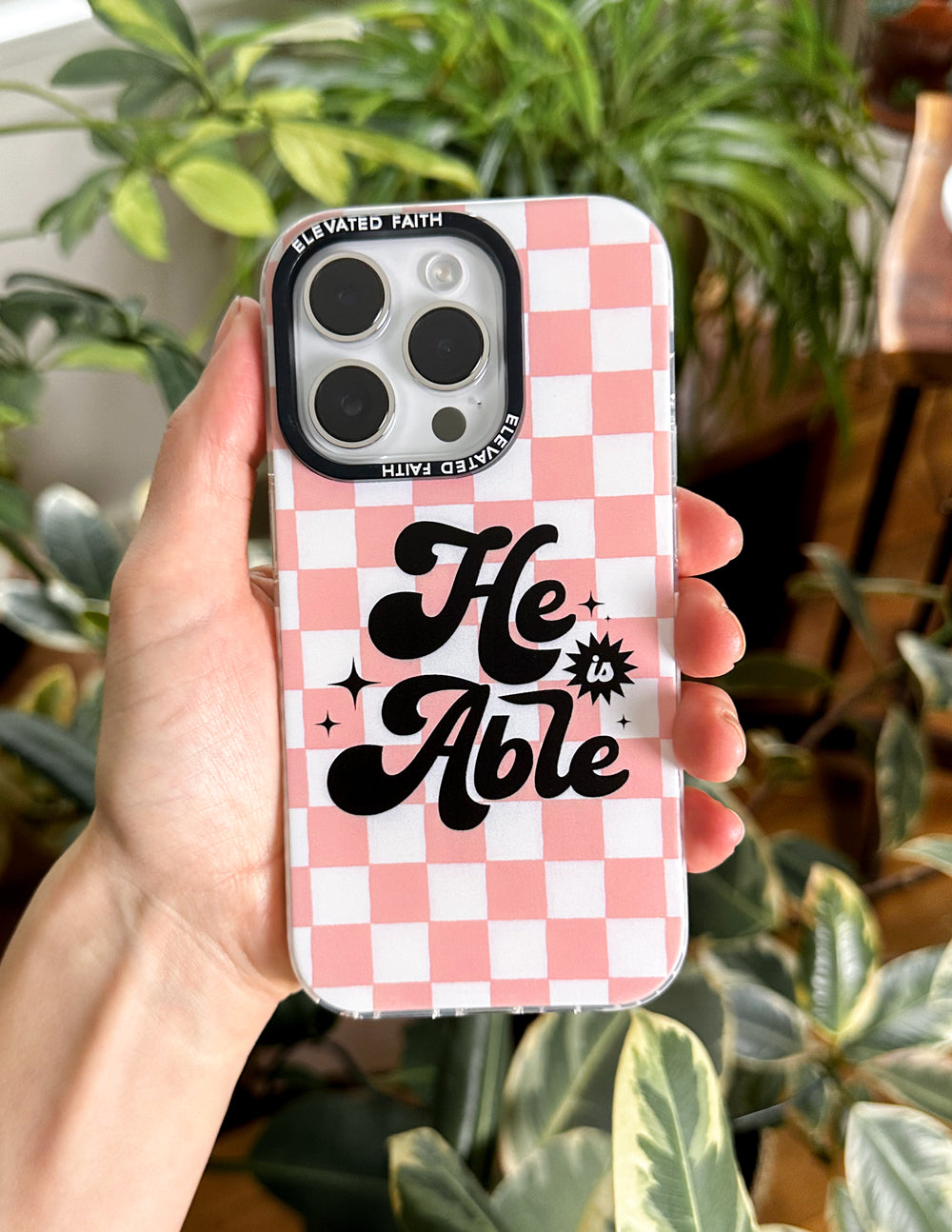 Elevated Faith Christian iPhone Case in Pink Checkered Design with Inspirational 'He is Able' Text