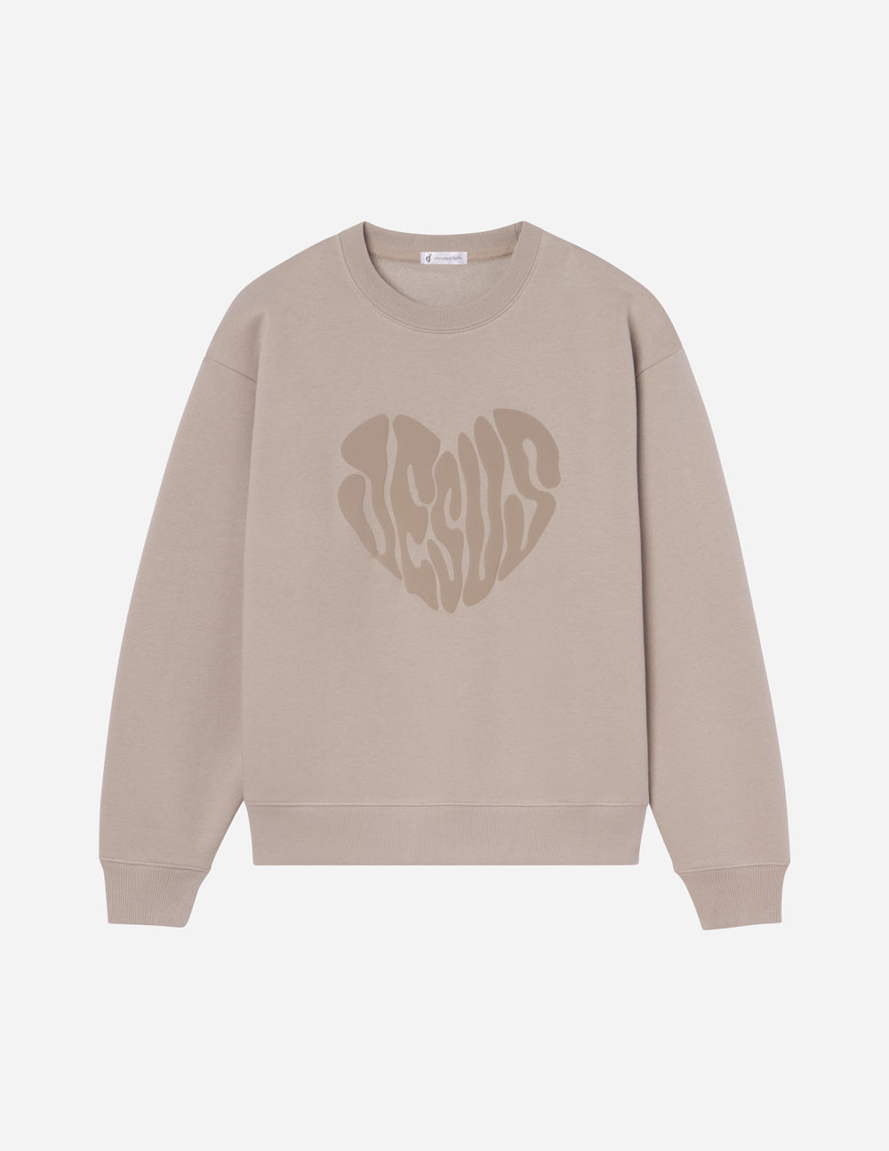 Elevated Faith Christian Crewneck Sweatshirt in light beige with a heart design featuring the word Jesus