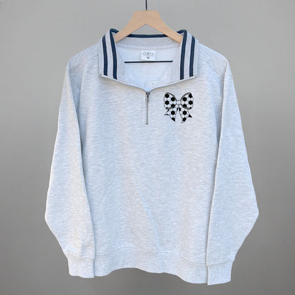 Soccer Bow (Left Chest) Funny Quarter Zip Pullover in Heather Grey/Black Stripe – Ivy + Cloth