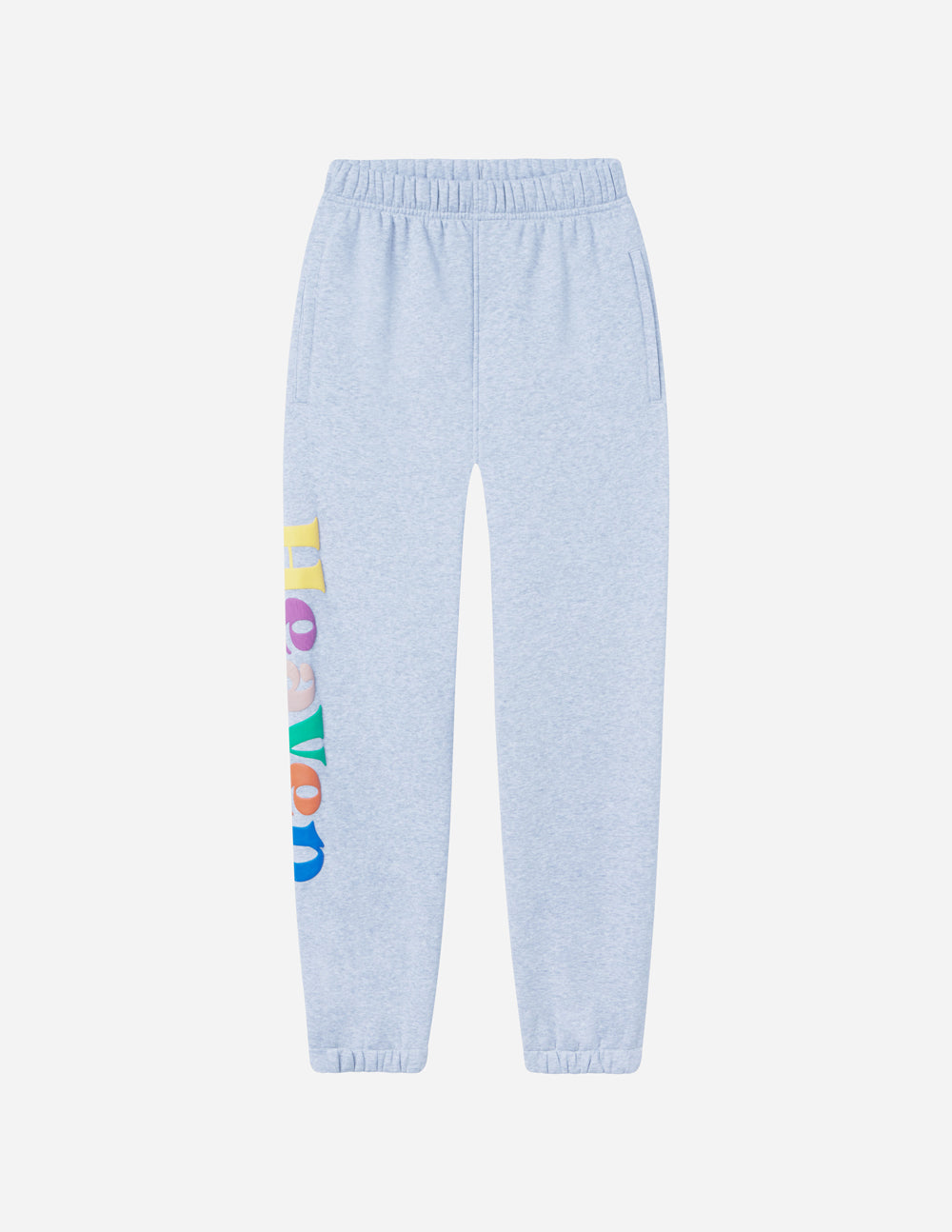 Light blue sweatpants by Elevated Faith featuring colorful lettering, perfect for comfortable Christian Apparel