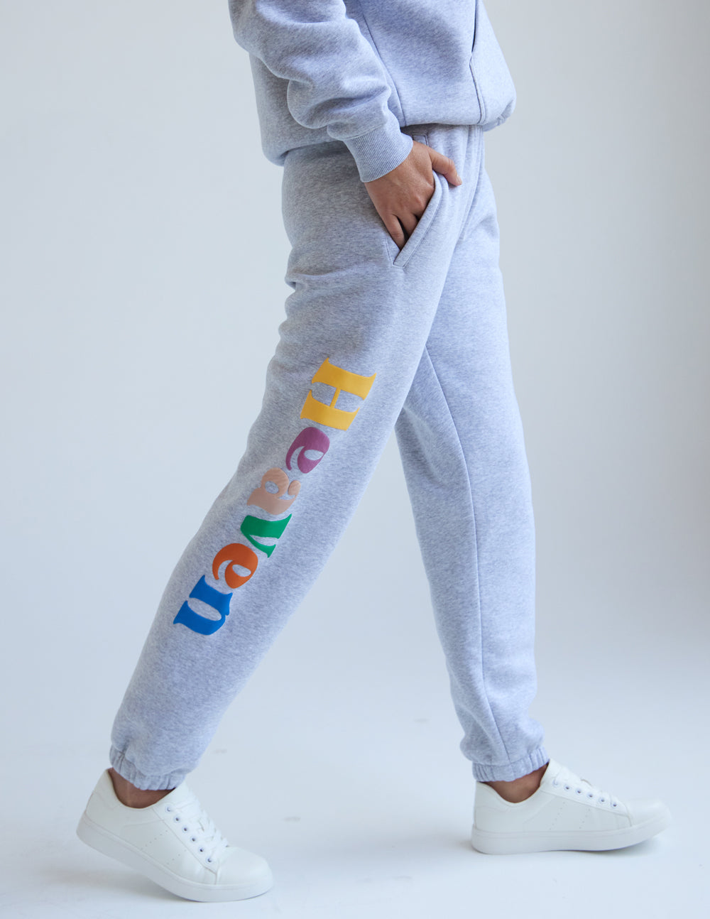 Gray Elevated Faith Sweatpants with colorful 'Heaven' text for comfortable Christian Apparel