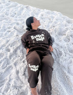 Elevated Faith Christian Apparel brown sweatpants and hoodie with 'Heaven maybe' graphic for casual wear