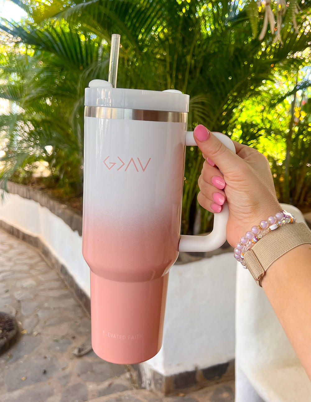 Elevated Faith Tumbler in Pink Gradient, perfect for Christian gifts and daily hydration