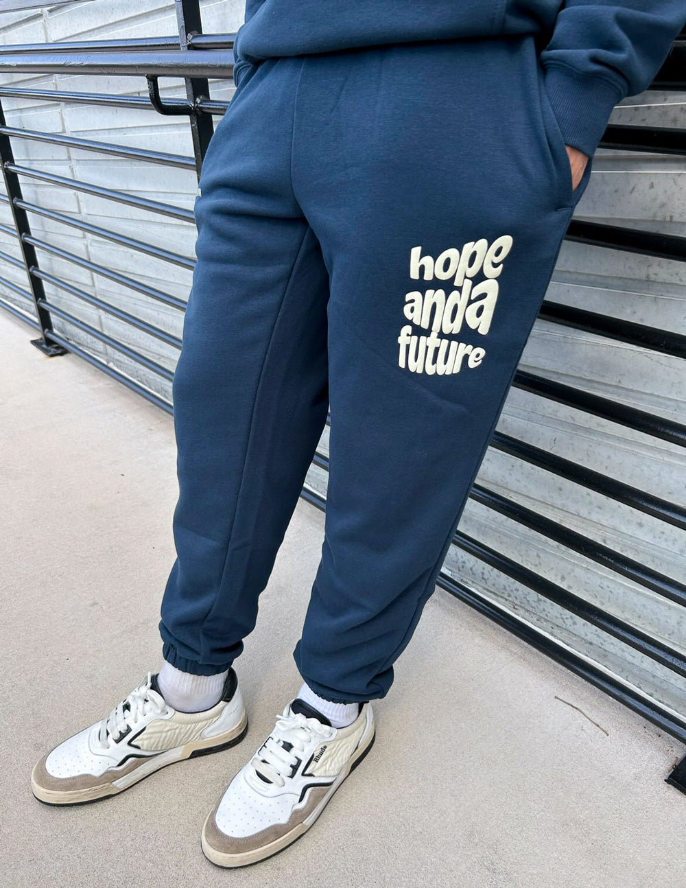 Elevated Faith Navy Sweatpants featuring the phrase hope and a future, part of Christian Apparel