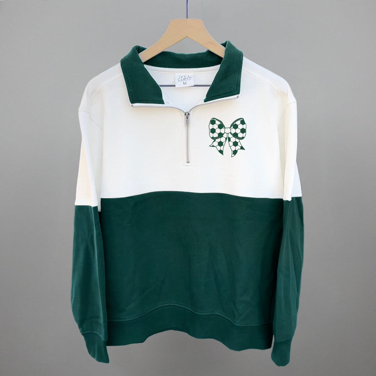 Soccer Bow (Left Chest) Funny Colorblock Quarter Zip Pullover in Hunter Green/Cloud Dancer – Ivy + Cloth