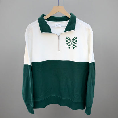 Soccer Bow (Left Chest) Funny Colorblock Quarter Zip Pullover in Hunter Green/Cloud Dancer – Ivy + Cloth