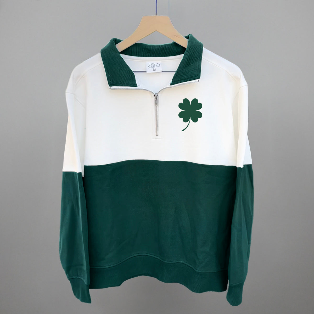 Four Leaf Clover (Left Chest) Funny Colorblock Quarter Zip Pullover in Hunter Green/Cloud Dancer – Ivy + Cloth
