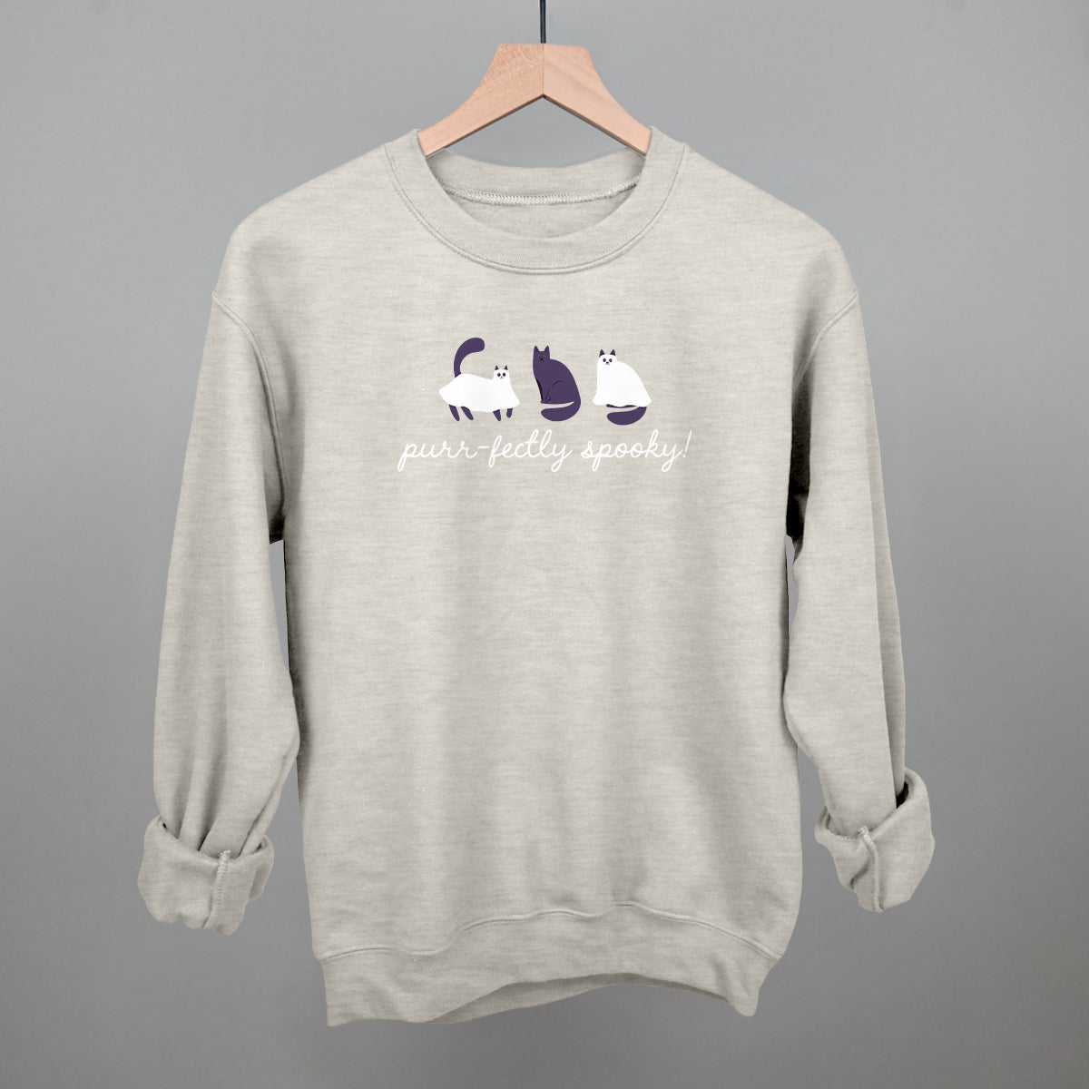 Purr-fectly Spooky Cat Halloween graphic crewneck sweatshirt in Oatmeal