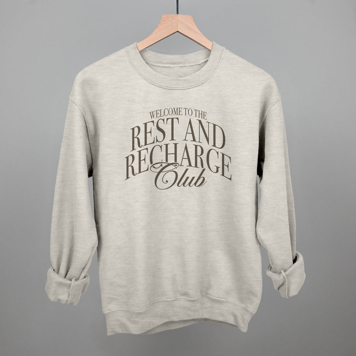 Rest and Recharge Club graphic crewneck sweatshirt in Oatmeal
