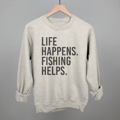 Life Happens Fishing Helps graphic crewneck sweatshirt in Oatmeal