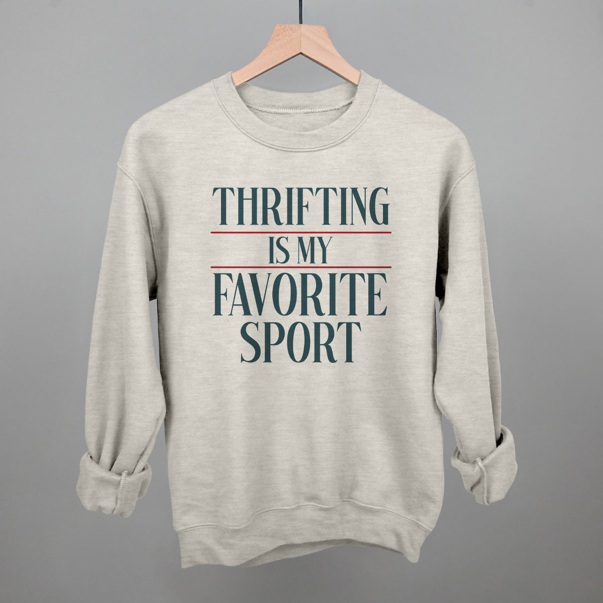 Thrifting Is My Favorite Sport graphic crewneck sweatshirt in Oatmeal