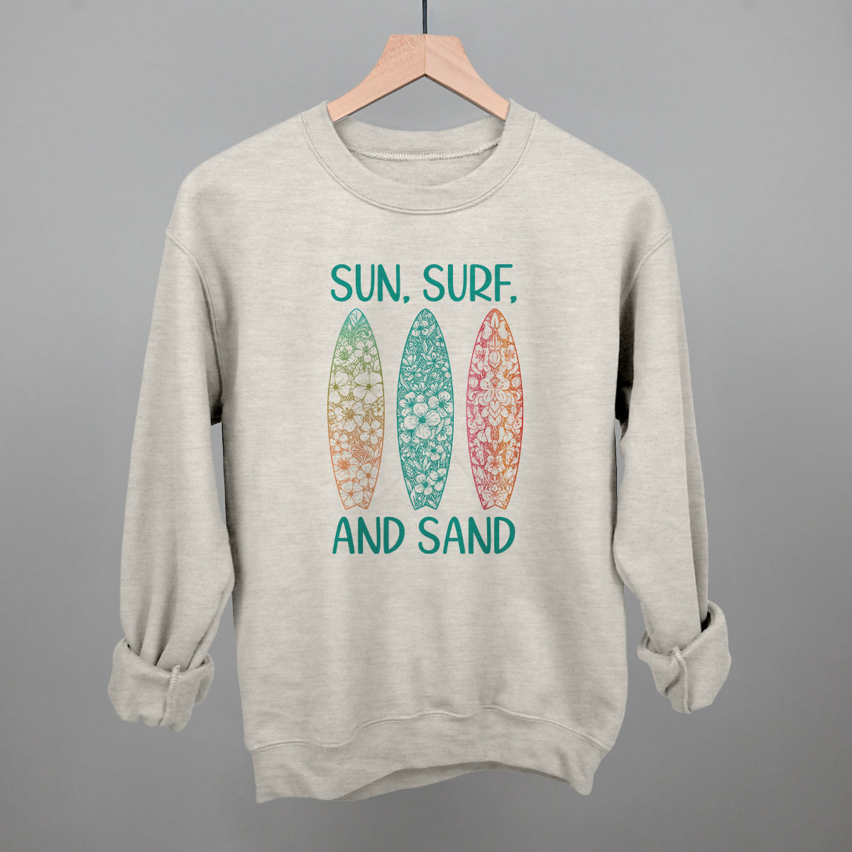 Sun, Surf and Sand Surfboards Beach graphic crewneck sweatshirt in Oatmeal