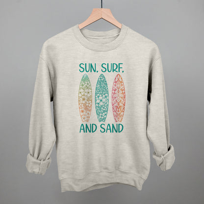 Sun, Surf and Sand Surfboards Beach graphic crewneck sweatshirt in Oatmeal