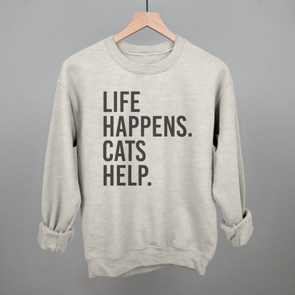 Life Happens Cats Help Cat Lover graphic crewneck sweatshirt in Oatmeal