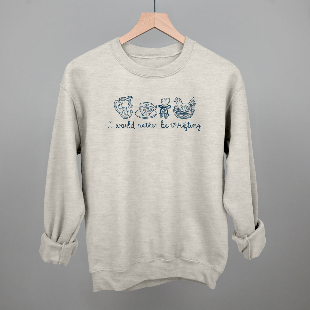 I Would Rather Be Thrifting graphic crewneck sweatshirt in Oatmeal