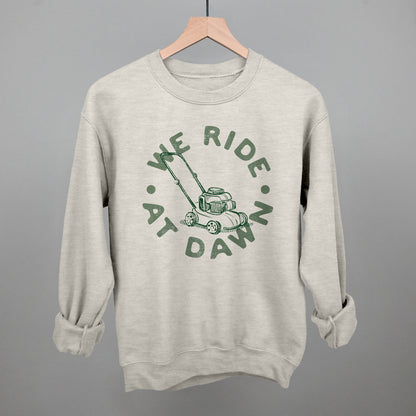 We Ride At Dawn Lawn Mower graphic crewneck sweatshirt in Oatmeal