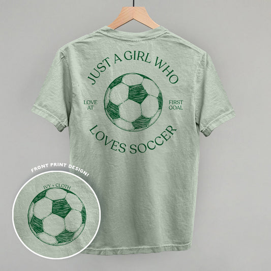 Just A Girl Who Loves Soccer graphic top in Bay