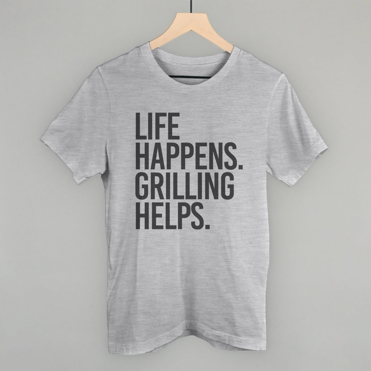 Life Happens Grilling Helps graphic tee in Athletic Heather