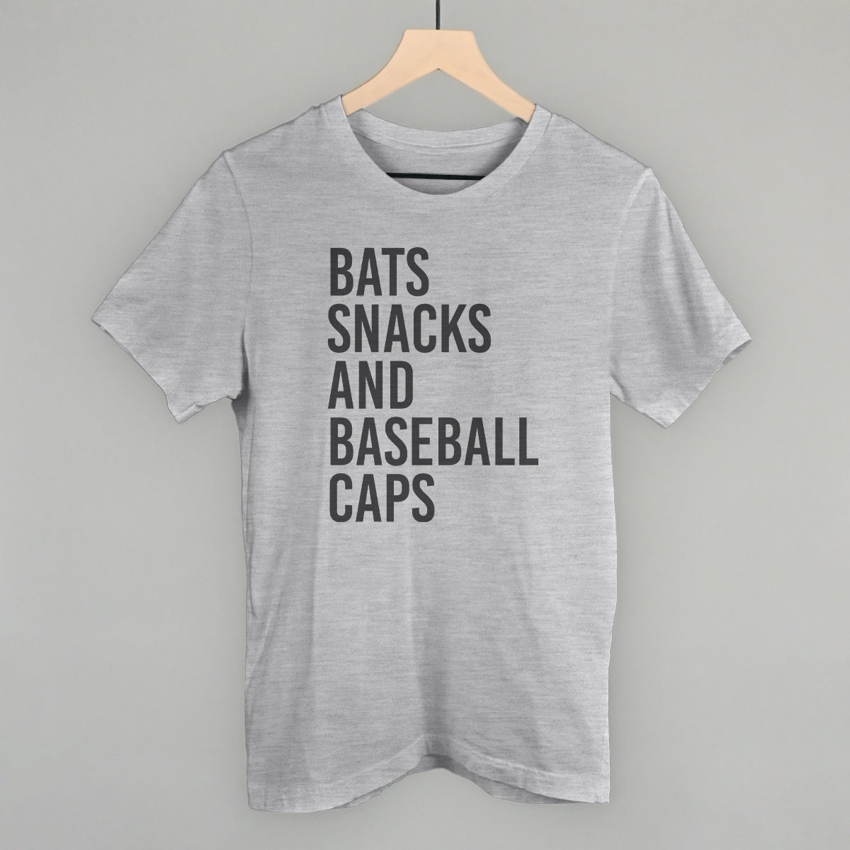 Bats, Snacks, And Baseball Caps Funny T-Shirt in Athletic Heather – Ivy + Cloth