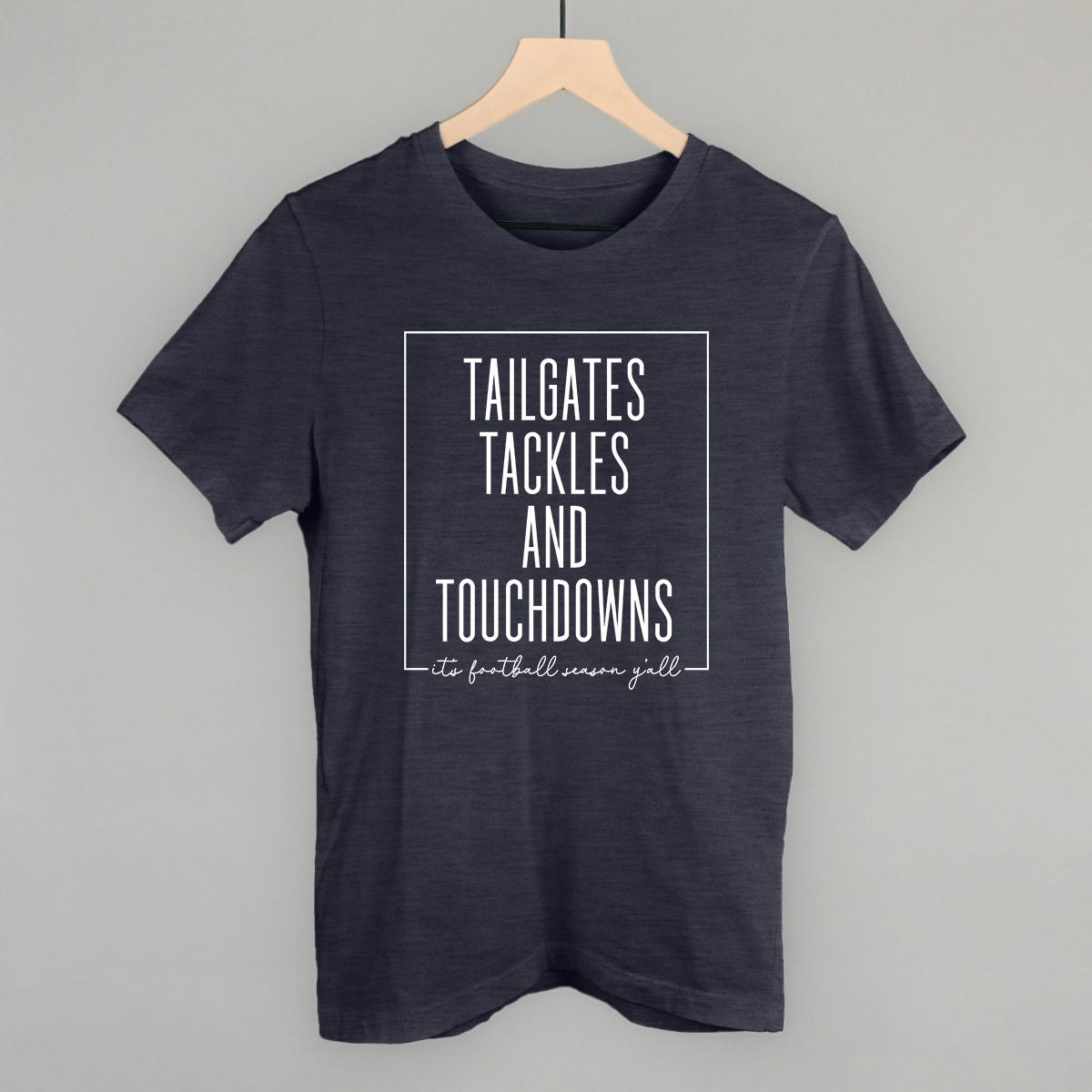 Tailgates, Tackles and Touchdowns Football graphic tee in Heather Navy