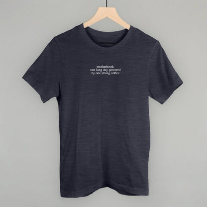 Motherhood Powered By Strong Coffee Mom graphic tee in Heather Navy