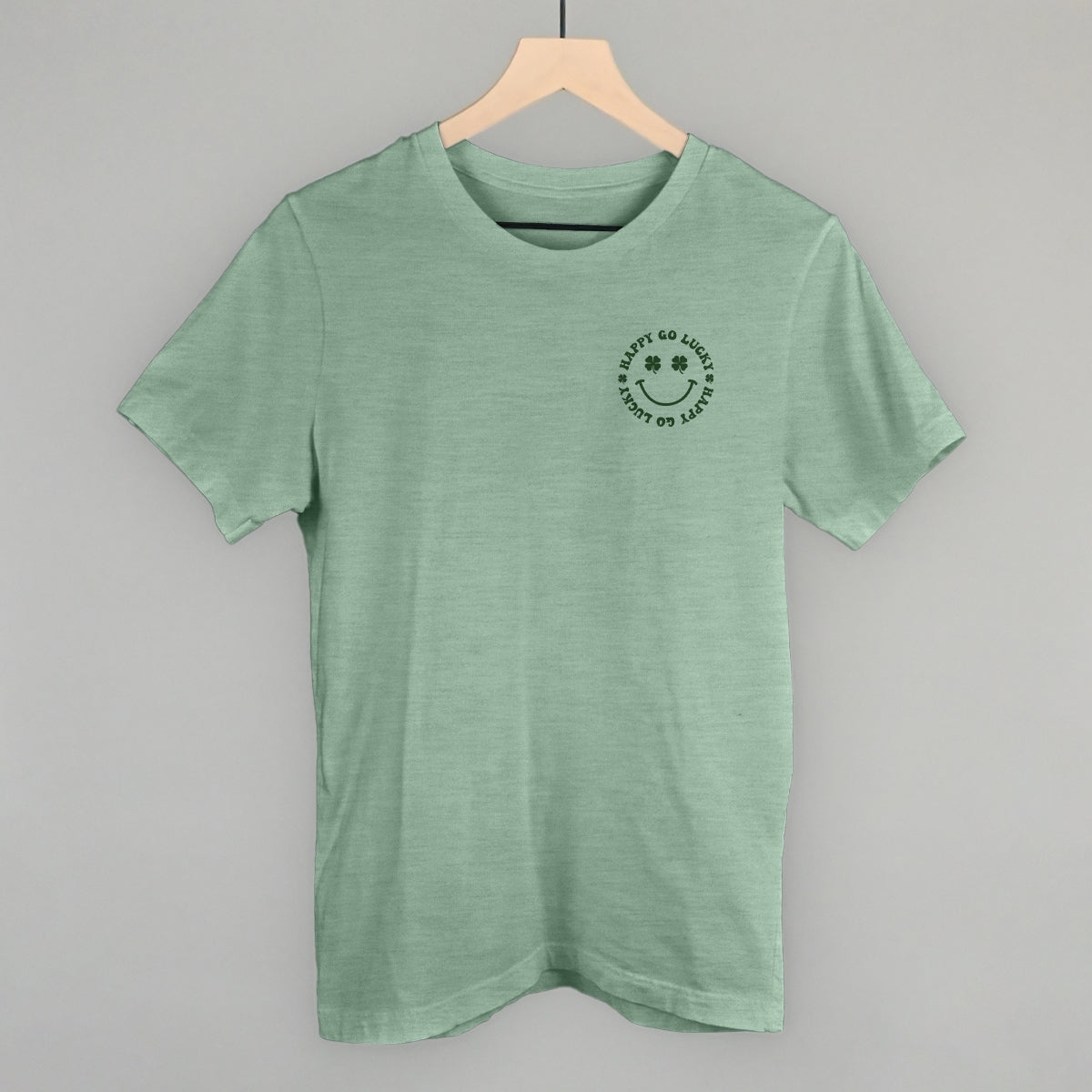 Happy Go Lucky Clover (Left Chest) Funny T-Shirt in Heather Sage – Ivy + Cloth