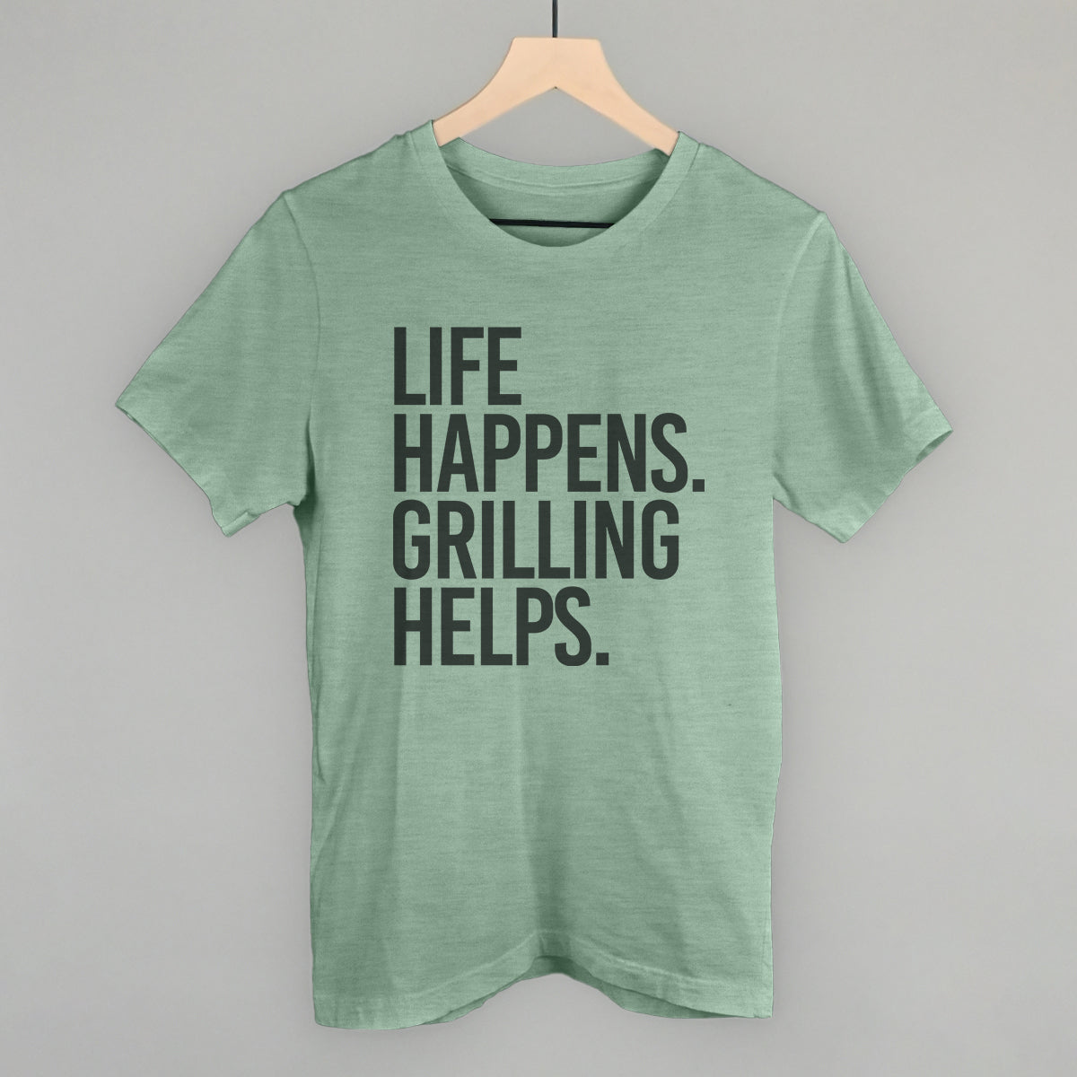 Life Happens Grilling Helps graphic tee in Heather Sage