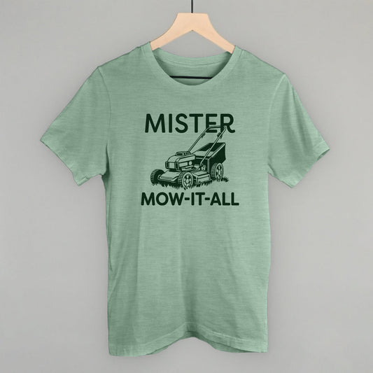 Mister Mow It All graphic tee in Heather Sage