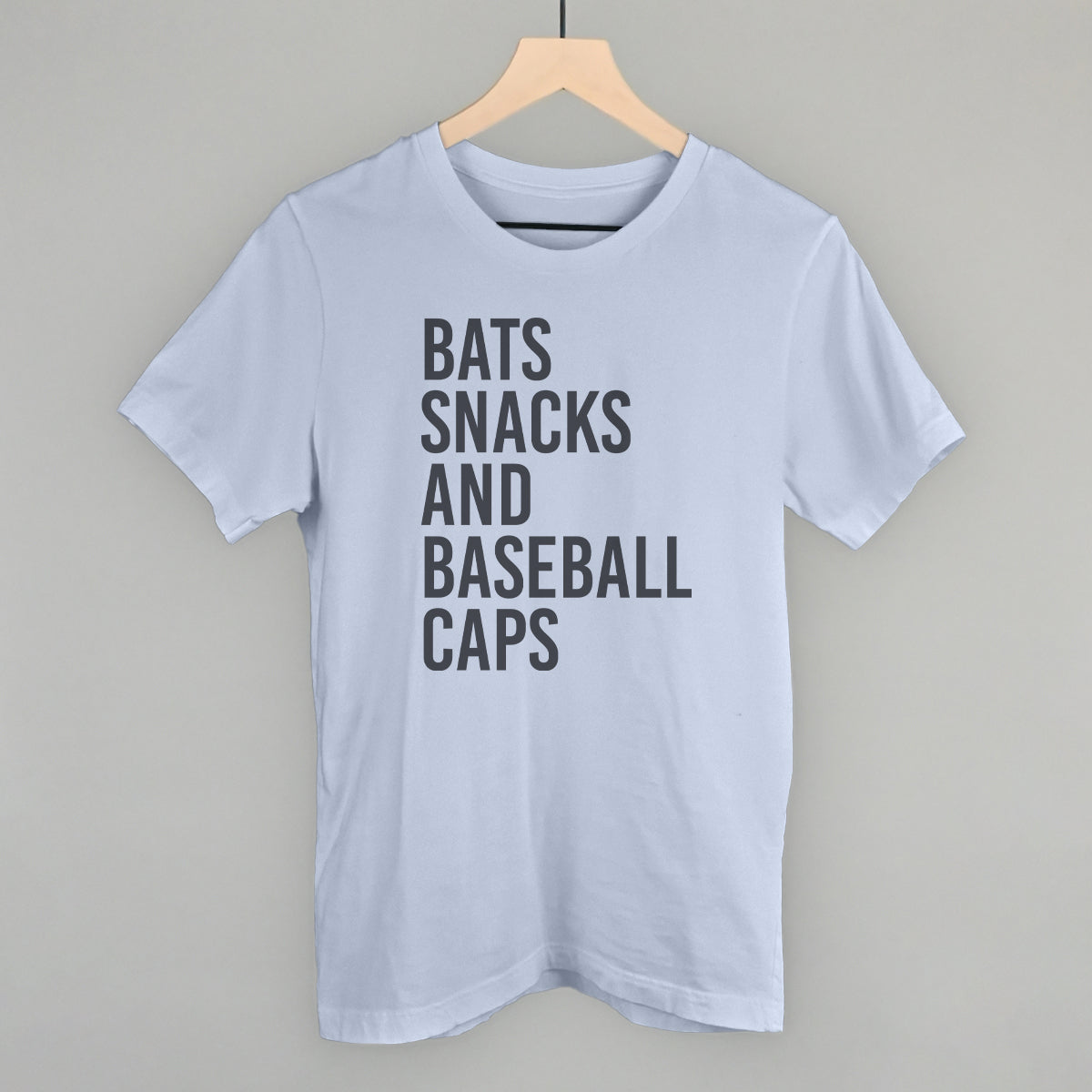 Bats, Snacks, And Baseball Caps Funny T-Shirt in Light Blue – Ivy + Cloth