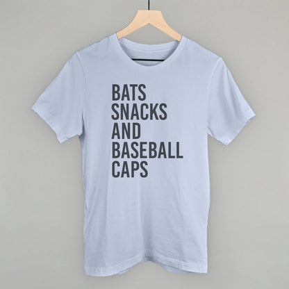 Bats, Snacks, And Baseball Caps Funny T-Shirt in Light Blue – Ivy + Cloth