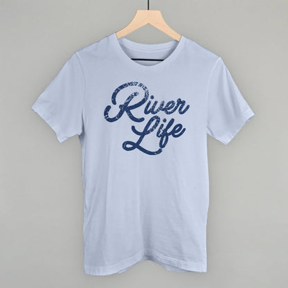 River Life (Distressed Script) Funny T-Shirt in Light Blue – Ivy + Cloth