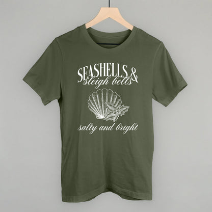 Seashells & Sleigh Bells Coastal Christmas graphic tee in Military Green