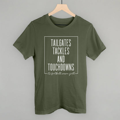 Tailgates, Tackles and Touchdowns Football graphic tee in Military Green