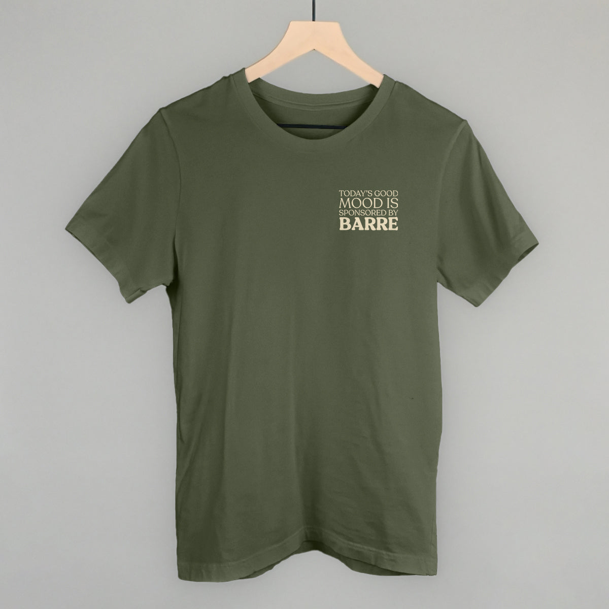 Good Mood Sponsored By Barre (Left Chest) Funny T-Shirt in Military Green – Ivy + Cloth