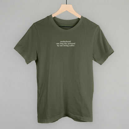 Motherhood Powered By Strong Coffee Mom graphic tee in Military Green