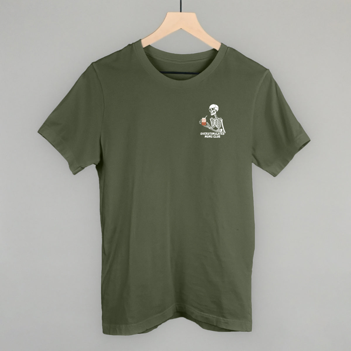 Overstimulated Moms Club Skeleton Coffee graphic tee in Military Green