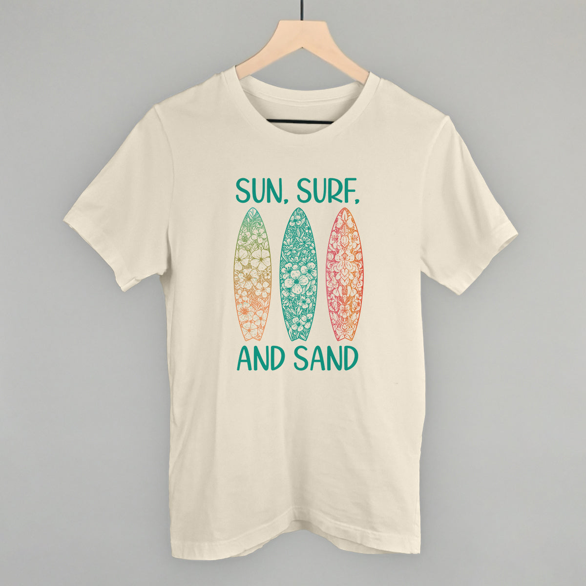 Sun, Surf and Sand Surfboards Beach graphic tee in Natural