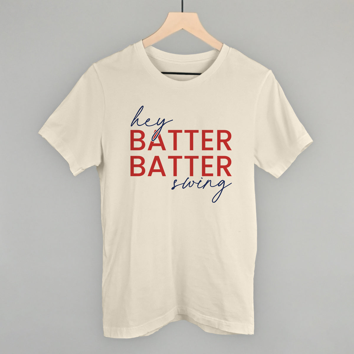 Hey Batter Batter Swing (Red + Navy) Funny T-Shirt in Natural – Ivy + Cloth
