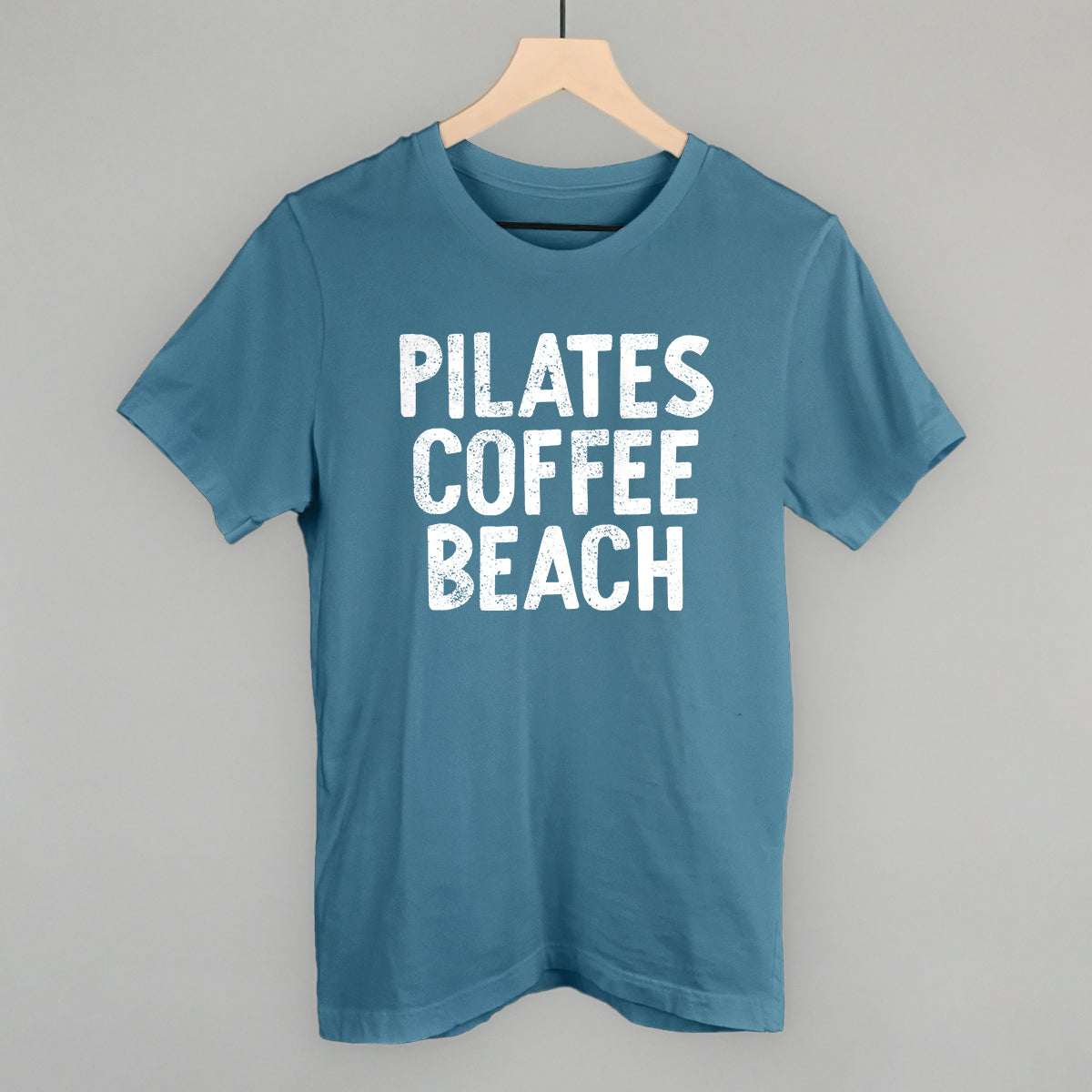 Pilates, Coffee, Beach graphic tee in Steel Blue