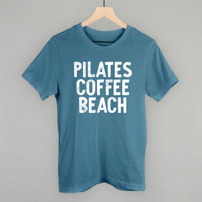 Pilates, Coffee, Beach graphic tee in Steel Blue