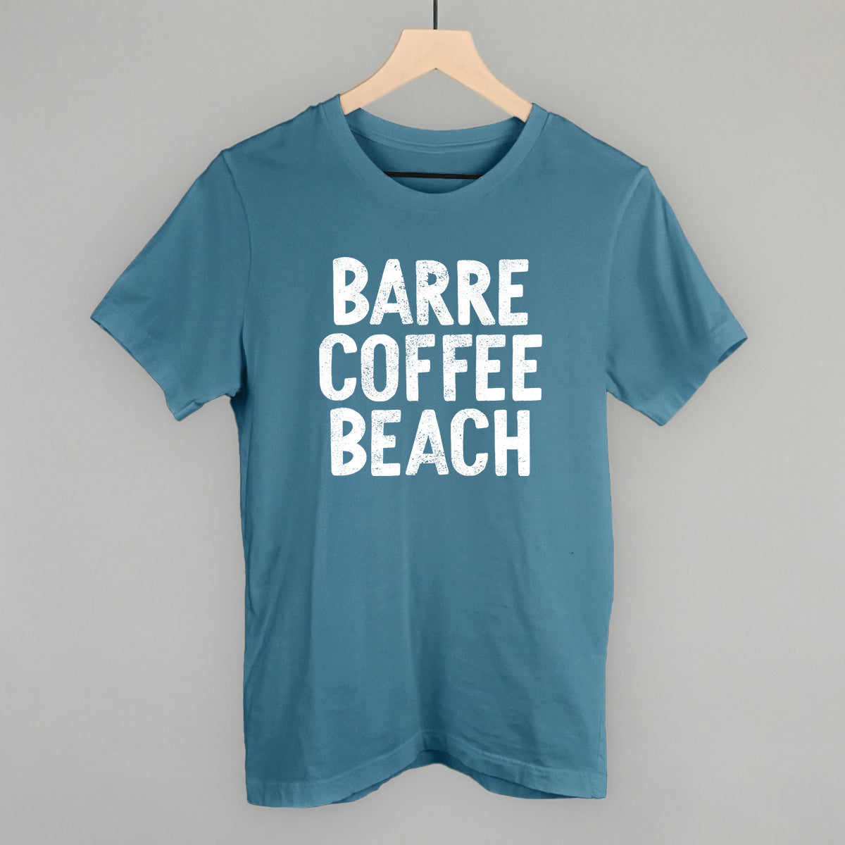 Barre Coffee Beach (White) Funny T-Shirt in Steel Blue – Ivy + Cloth