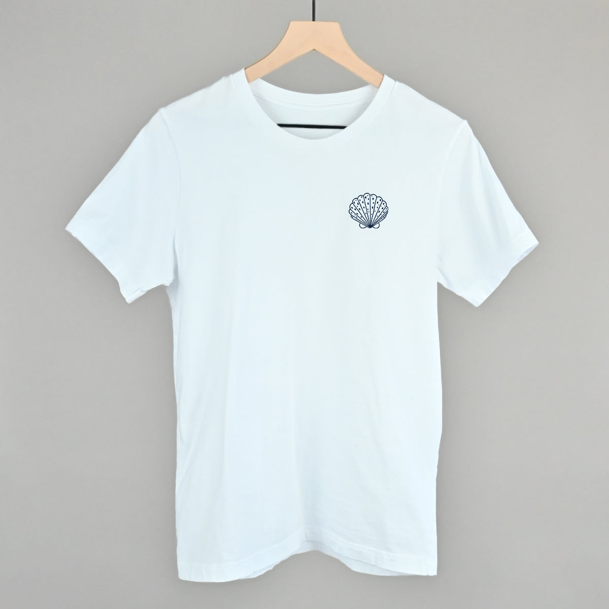 Speckled Seashell (Navy Blue) (Left Chest) Funny T-Shirt in White – Ivy + Cloth