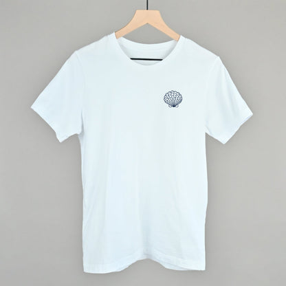 Speckled Seashell (Navy Blue) (Left Chest) Funny T-Shirt in White – Ivy + Cloth