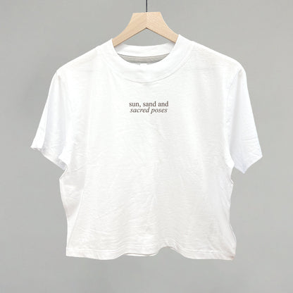 Sun, Sand and Sacred Poses Beach Yoga graphic boxy tee in White