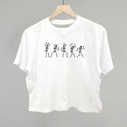 Dancing Skeletons Halloween graphic boxy tee in White