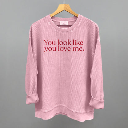 You Look Like You Love Me Valentine's graphic oversized corded crew in Blossom Pink