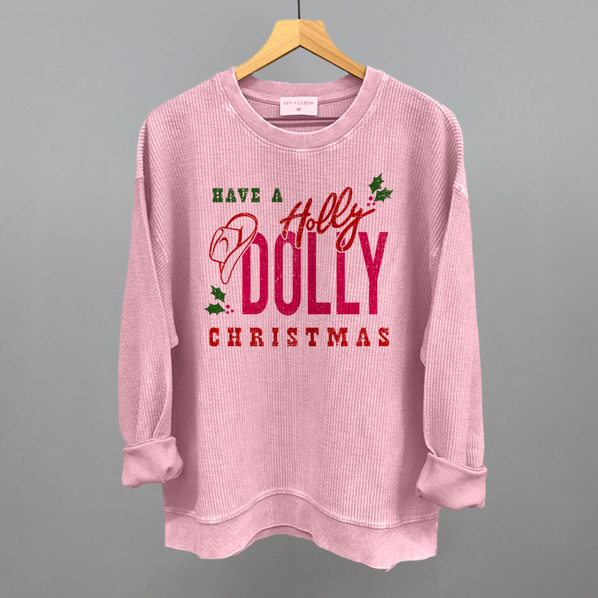 Holly Dolly Christmas Funny Oversized Corded Crewneck Sweatshirt in Blossom Pink – Ivy + Cloth