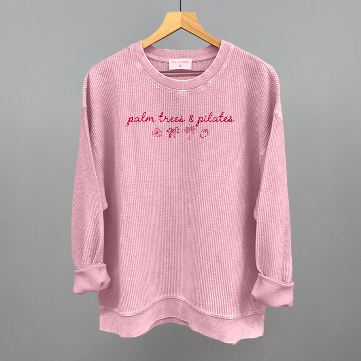 Palm Trees & Pilates (Pink) Funny Oversized Corded Crewneck Sweatshirt in Blossom Pink – Ivy + Cloth