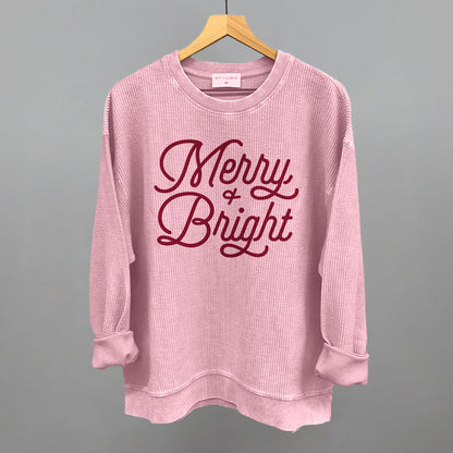 Merry And Bright (Monoline Script) Funny Oversized Corded Crewneck Sweatshirt in Blossom Pink – Ivy + Cloth